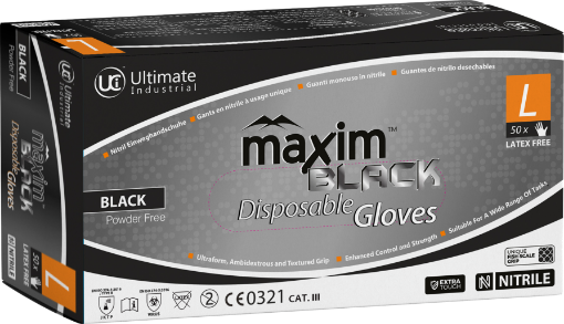 Picture of UCI Maxim Black Nitrile Gloves (M) Dimpled Powder Free Nitrile Gloves